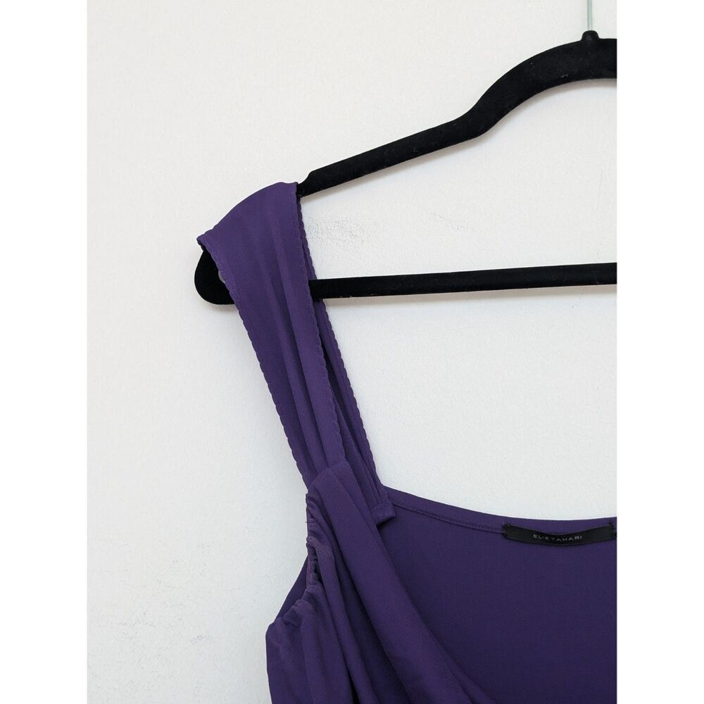 Elie Tahari Ballerina Slinky Sleeveless Ruched Purple Knee Midi Dress Sz M/L - Picture 7 of 16